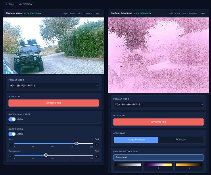 Console XPLOCAM : supervision des flux visible et thermique, sélection des formats vidéo et réglages de fusion, seuil et transparence
